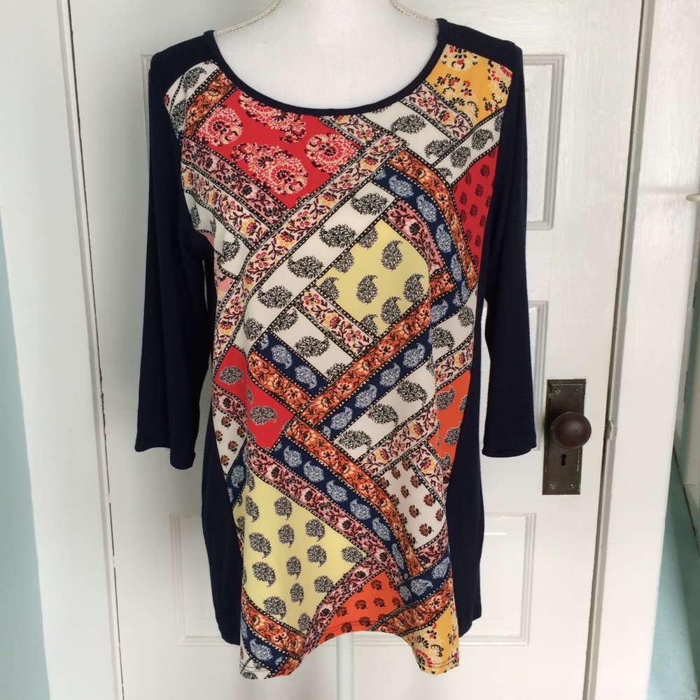 Ava James Navy/Multi Colored Soft Knit Tunic Top Small